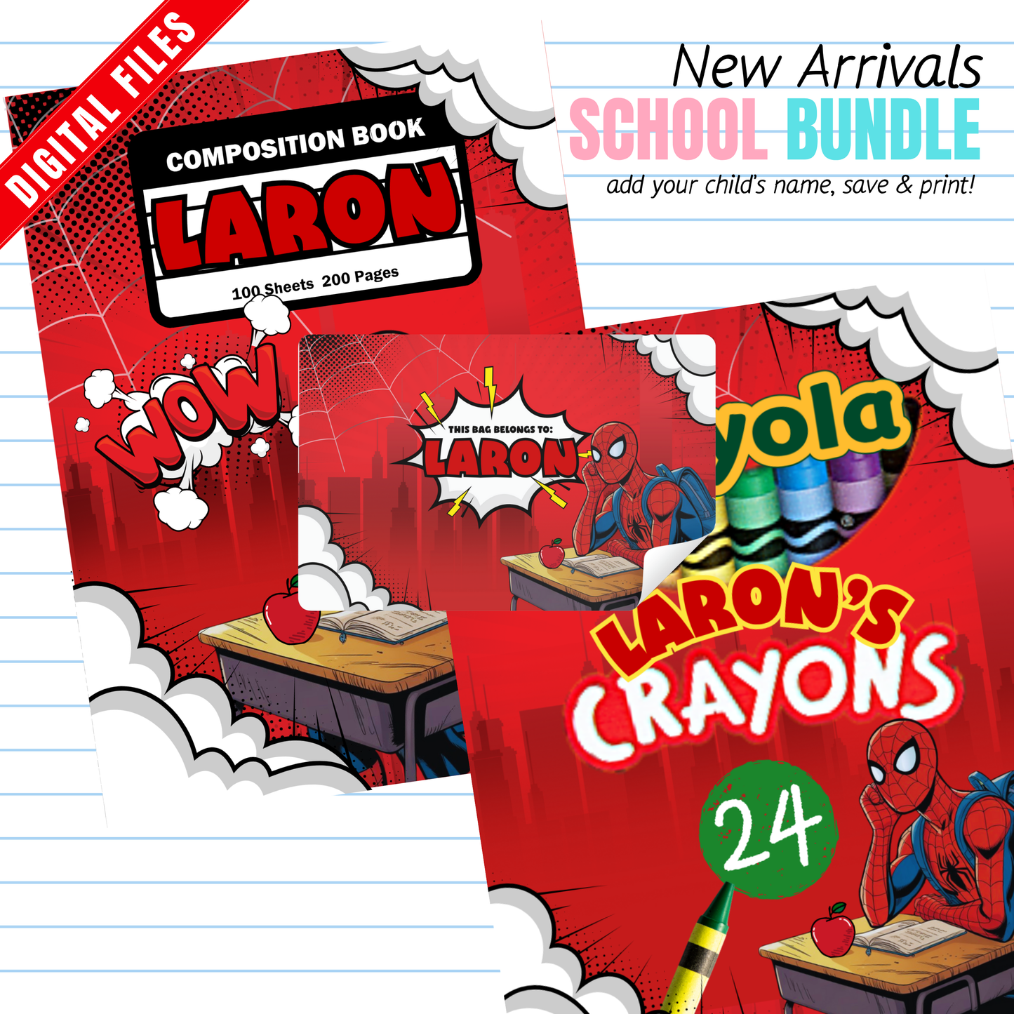 Spider-Inspired School Supply Labels | Editable Name Only Canva Template | PDF Download