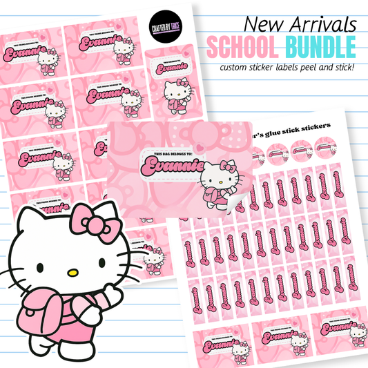 Custom School Supply Labels with Child’s Name – Hello Kitty Theme & Matching Supply Stickers – Personalized Name Labels for Kids