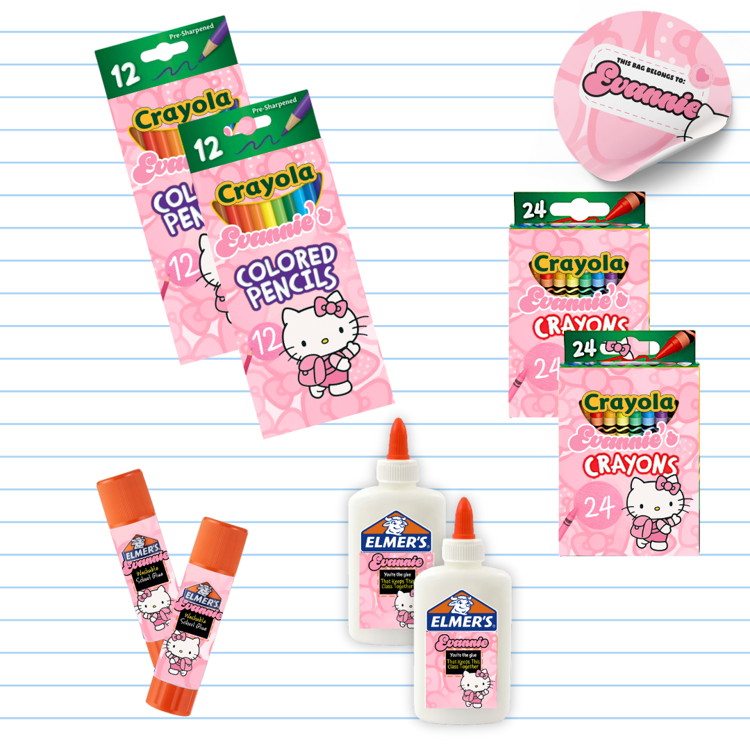 Custom School Supply Labels with Child’s Name – Hello Kitty Theme & Matching Supply Stickers – Personalized Name Labels for Kids