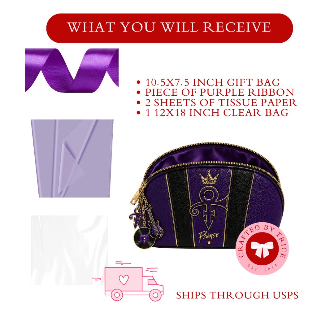 Prince Inspired Gift Bag Set Purple Luxury Cosmetic Bag Gift Bundle with Tissue Paper, Ribbon & Clear Bag Music Fan Gift Idea