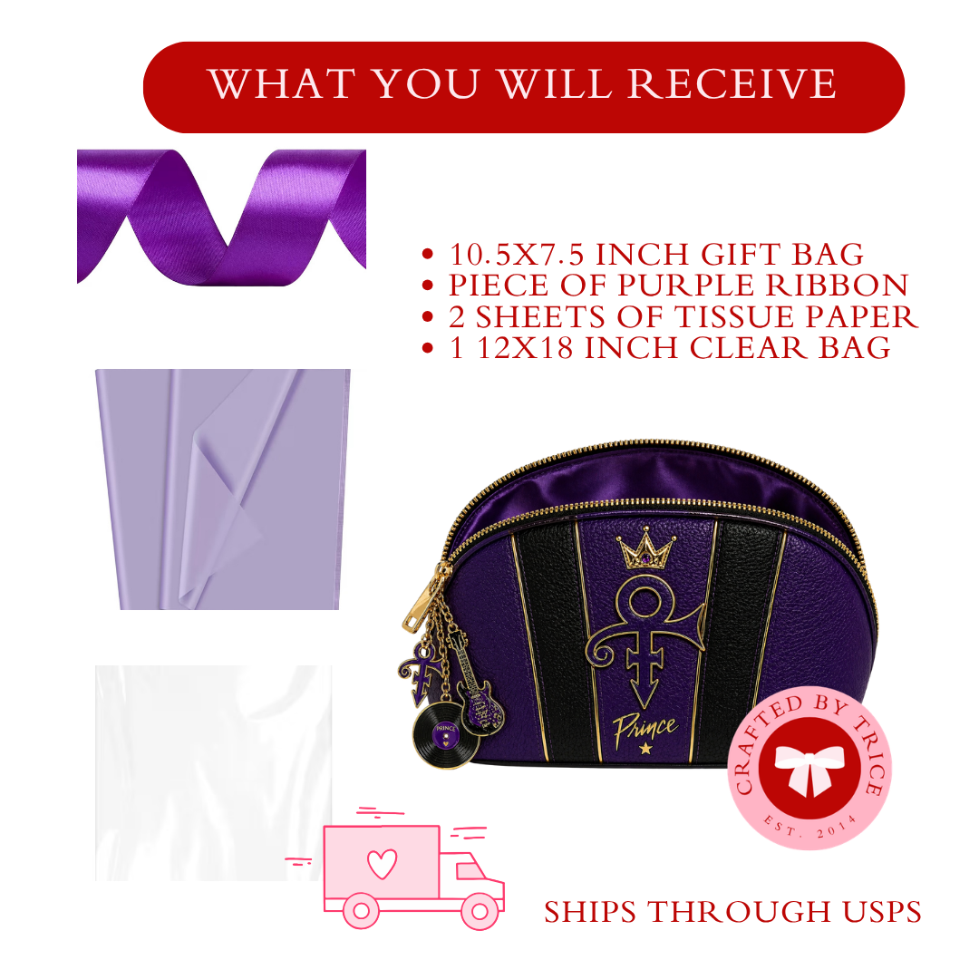 Prince Inspired Gift Bag Set Purple Luxury Cosmetic Bag Gift Bundle with Tissue Paper, Ribbon & Clear Bag Music Fan Gift Idea