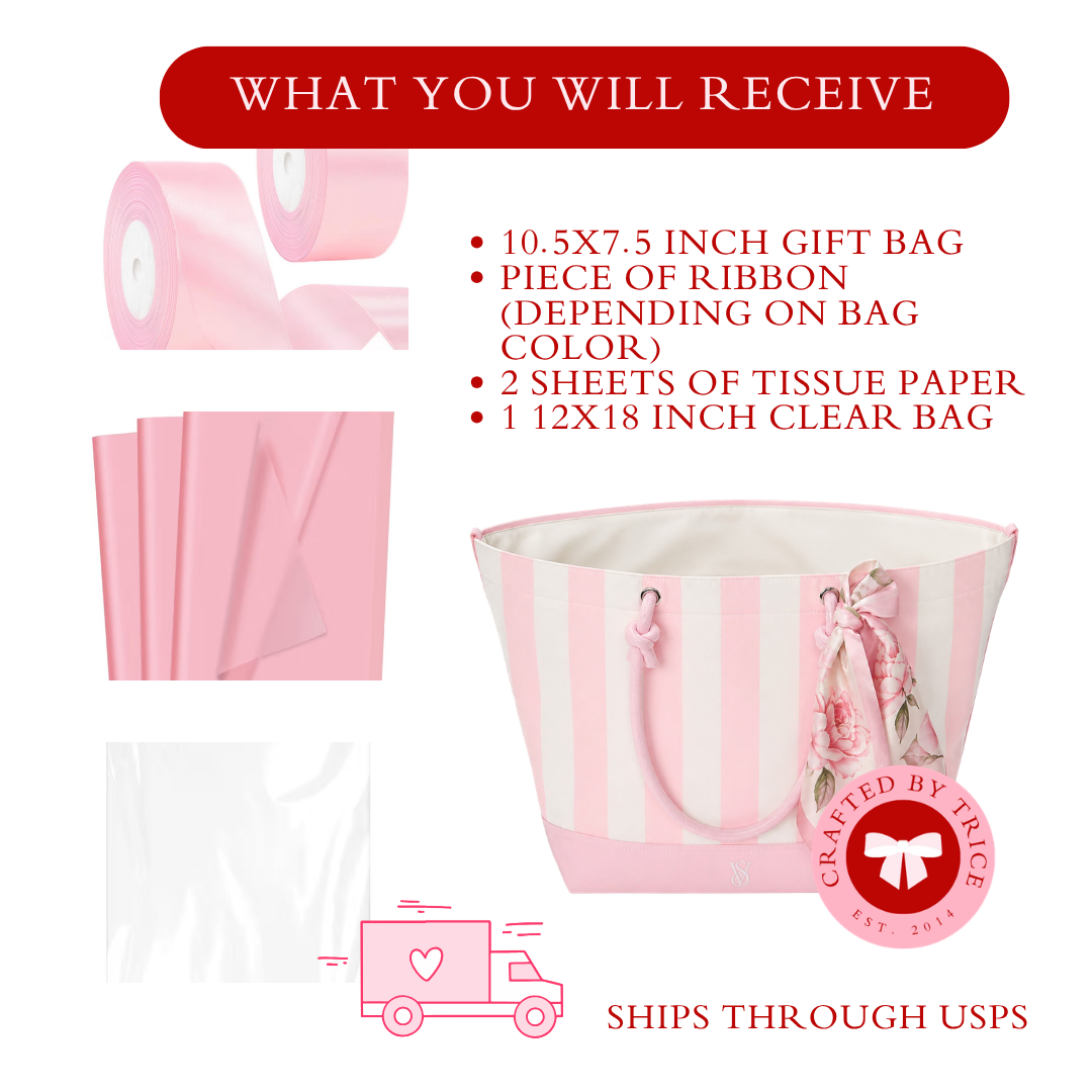 Victoria Secret Inspired Gift Bag Set – Pink Striped Luxury Tote Gift Bag with Ribbon, Tissue Paper & Clear Bag – 4 Color Options
