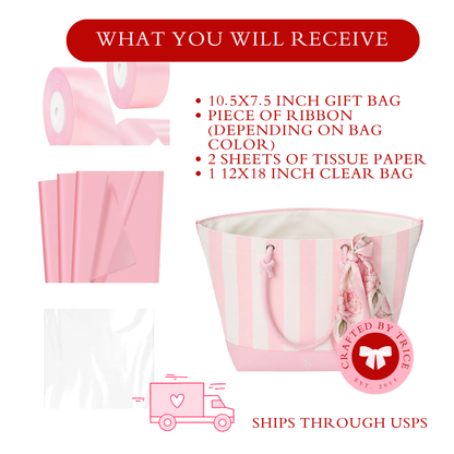 Victoria Secret Inspired Gift Bag Set – Pink Striped Luxury Tote Gift Bag with Ribbon, Tissue Paper & Clear Bag – 4 Color Options