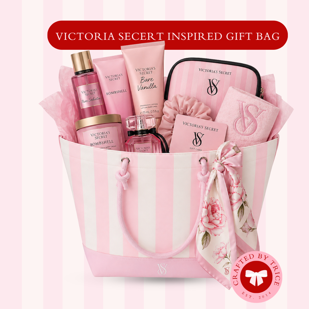 Victoria Secret Inspired Gift Bag Set – Pink Striped Luxury Tote Gift Bag with Ribbon, Tissue Paper & Clear Bag – 4 Color Options